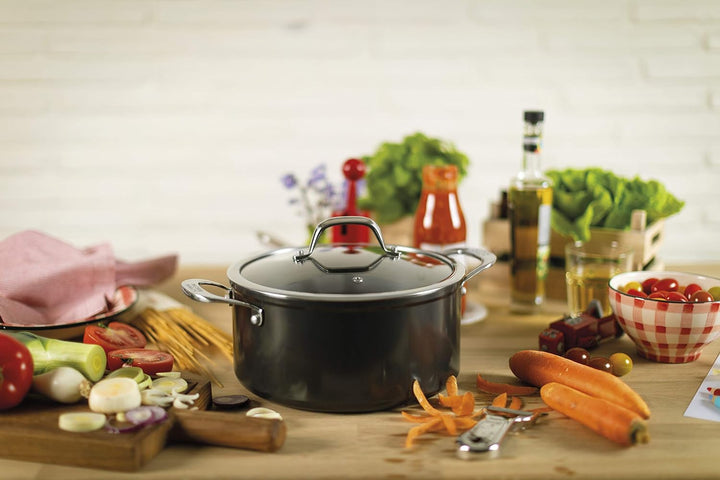 KUHN RIKON Easy Pro Kochtopf beschichtet mit Glasdeckel, Aluminium, Induktion, 5,1 Liter/24 cm, Schw