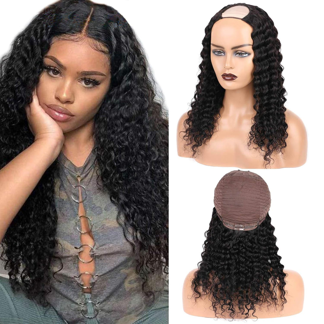 Daimer U Part Wig Brazilian Deep Wave Human Hair Extension Clip In Half Wigs None Lace Front Machine