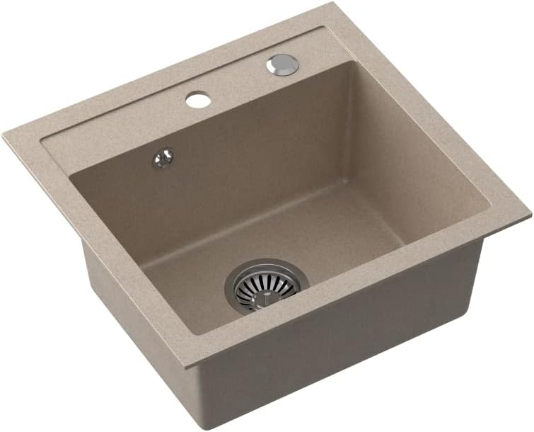 VBChome Spülbecken mit Armatur 50 x 47 cm Beige Granit Spüle Einzelbecken Küche Einbauspüle Verbunds