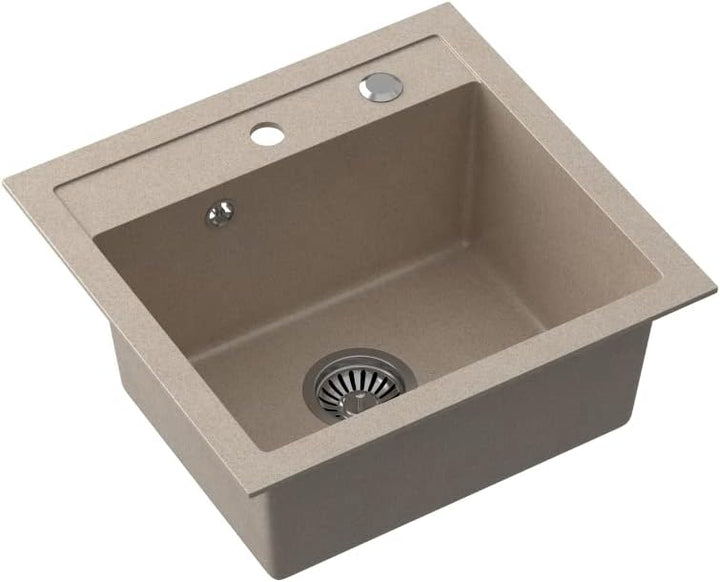VBChome Spülbecken mit Armatur 50 x 47 cm Beige Granit Spüle Einzelbecken Küche Einbauspüle Verbunds