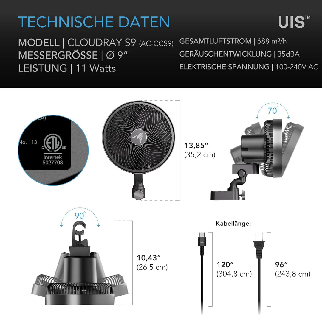 AC Infinity CLOUDRAY S9 – Clip-Ventilator 230mm für Grow Zelte mit langlebigem EC-Motor, 10 Windstuf