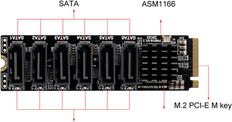 WANGCL NVME zu SATA Adapter M.2 zu SATA Konverter 6Port mit Aluminium Radiator Unterstützung PM Funk