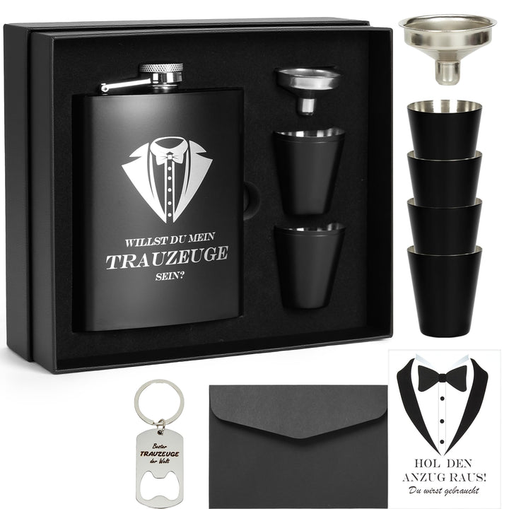 Flachmann mit Gravur 8oz Edelstahl Geschenkset für Trauzeuge und Trauzeugin, Schwarze Geschenkbox mi