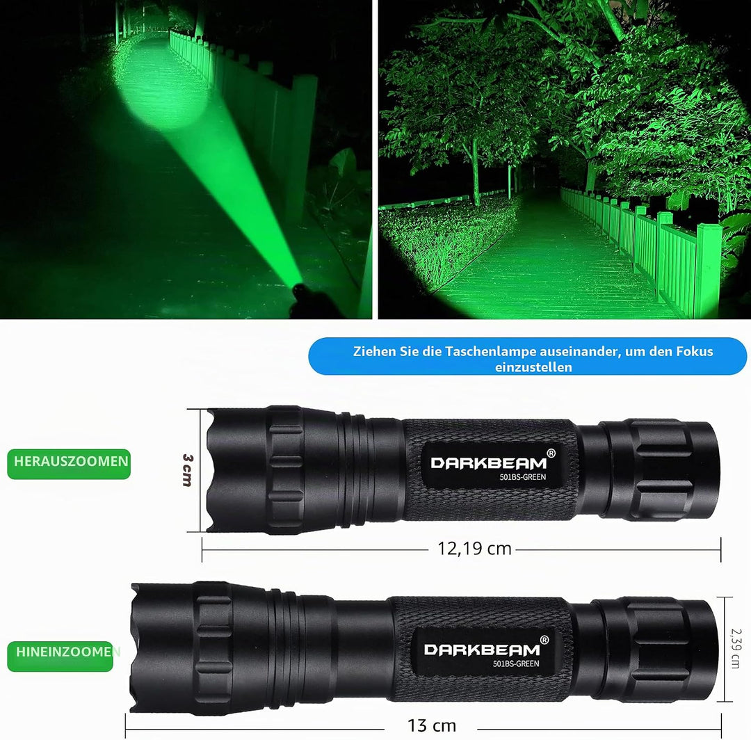 DARKBEAM Grünes licht Taschenlampe LED Aufladbar USB, hohe Lumen Zoomable Grüne Taschenlampen Tragba