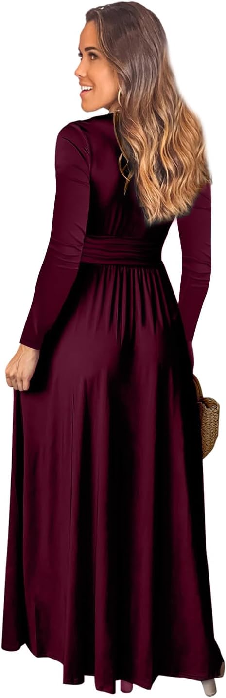 Damen Kleid 2.0 Elegant Langarm V-Ausschnit Tunika Maxikleider Casual Hohe Taille Saumschlitz Cockta