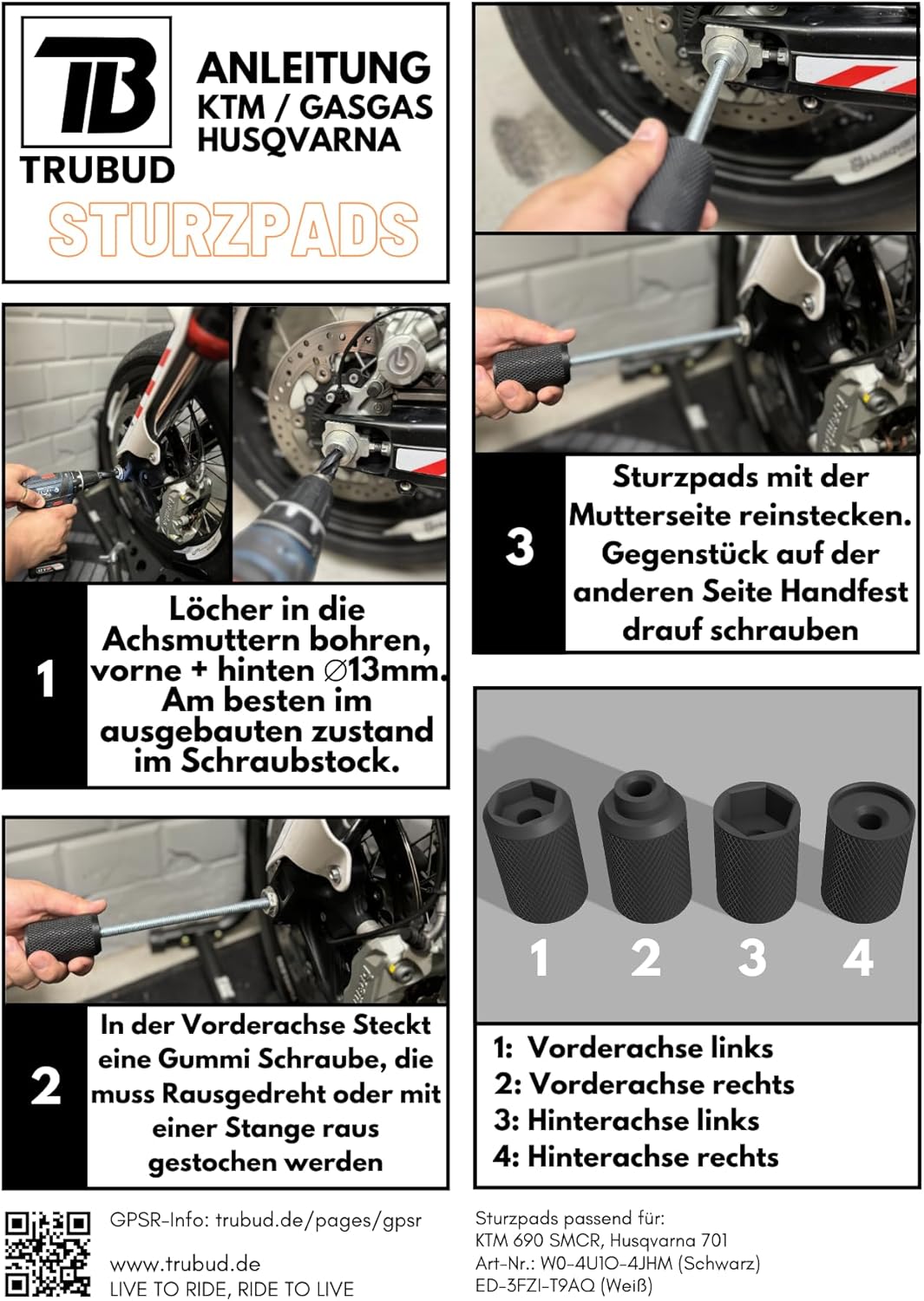 Sturzpads Set für Vorder und Hinterachse Sturzschutz passend für KTM, Husqvarna und GasGas (KTM 2008