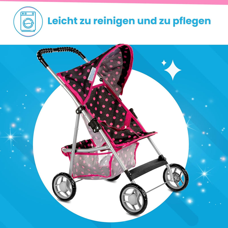 Kinderplay Puppenwagen, Puppenbuggy ab 3 Jahre - Puppen Buggy Puppe mit Anschnallgurt und Einkaufsne