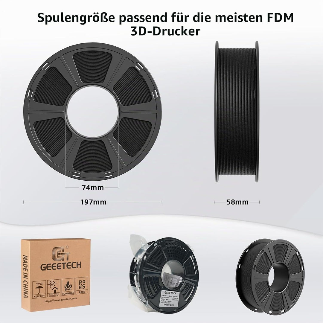GEEETECH Matte PLA Filament, 3D-Drucker PLA Filament 1 kg Spule, Genauigkeit +/- 0,03 mm, Schwarz BA