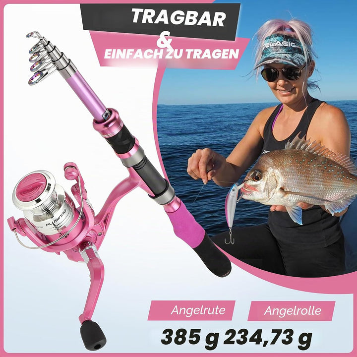 PLUSINNO Teleskop-Angelrute und -rolle für Damen, rosafarbene Angelrute Rosa 2.1M 6.86Ft fishing ful