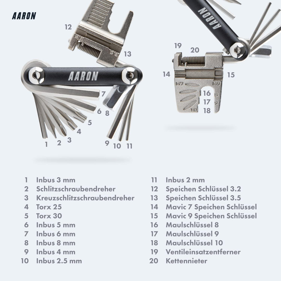 AARON Tool 20 in 1 Multitool - Fahrrad Multifunktionswerkzeug aus rostfreiem Stahl/Aluminium - faltb