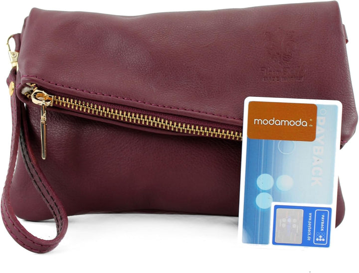 modamoda de - T95 - ital Handgelenktasche aus Nappaleder Mini Bordeauxviolett, Bordeauxviolett