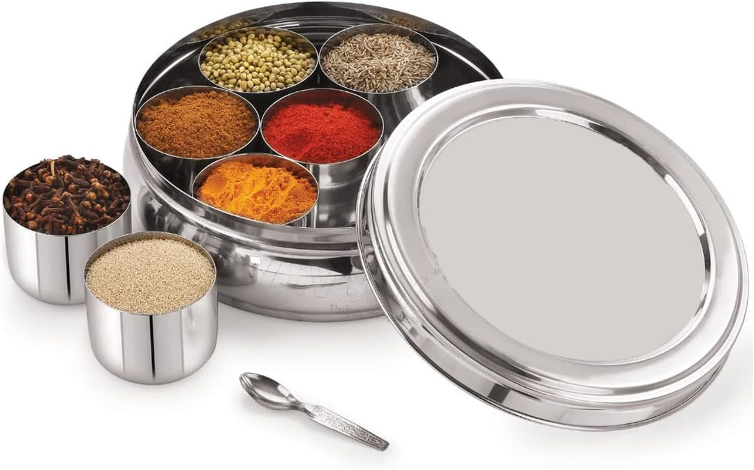 Kajal Edelstahl Masala Box 8-teilig – Gewürzbox mit Stahldeckel & kleinem Löffel | Indische Gewürzdo
