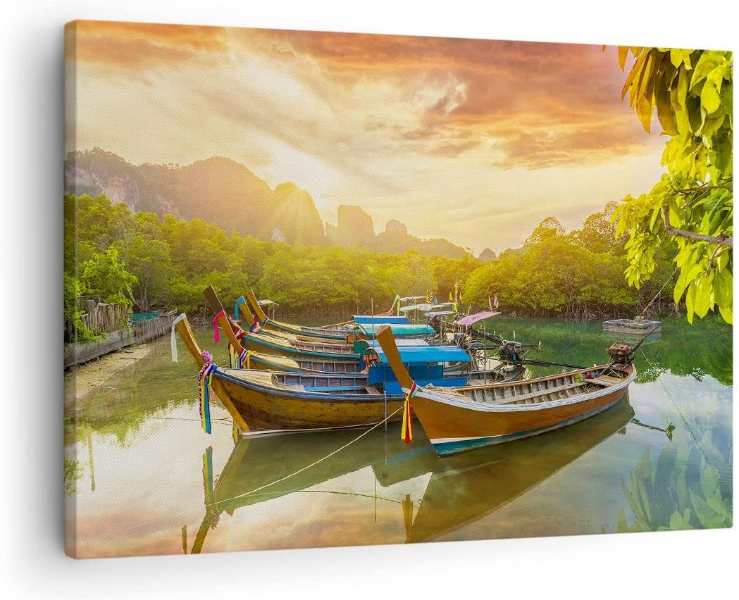 Bilder auf Leinwand Berge Boot Wasser Leinwandbild mit Rahmen 70x50cm Wandbilder Dekoration Wohnzimm