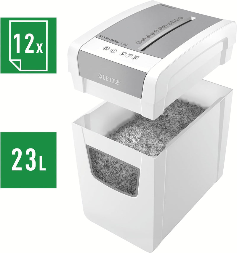 Leitz IQ Aktenvernichter Slim Office S, 14-12 Blatt Kapazität (70-80 g/m²), Partikelschnitt, Sicherh