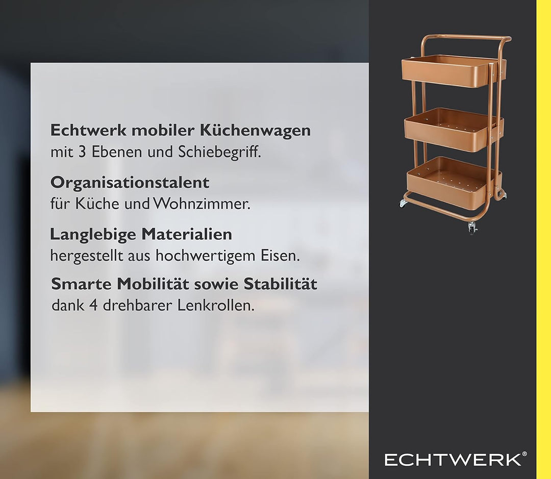 Echtwerk mobiler Servierwagen für Küche/ Bad/ Büro mit 3 Ebenen, Küchenrollwagen, Küchenwagen, Werkz