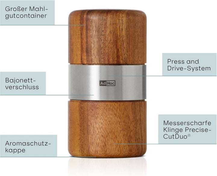 AdHoc PM70 Muskatmühle Muskato | innovative Holzmühle für edle Muskatnüsse | mit original PreciseCut