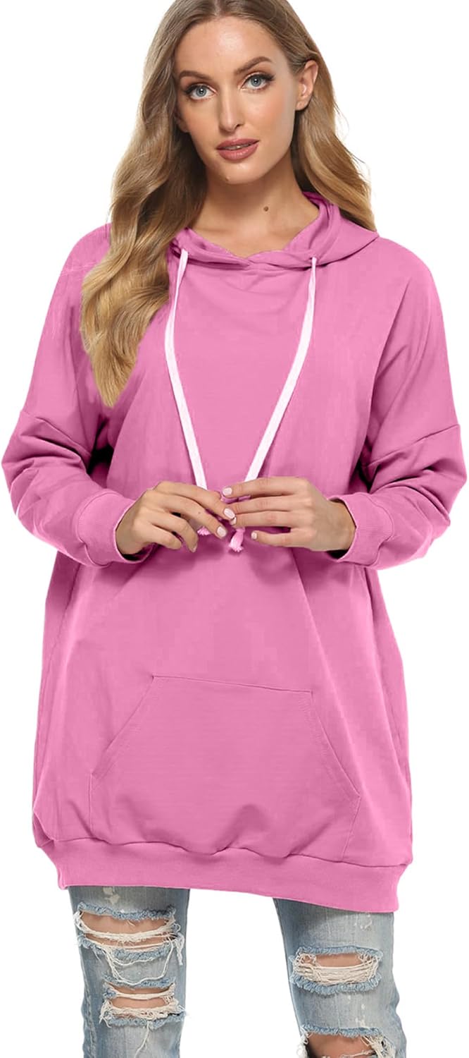Famulily Damen Oversized Hoodie Kleid Baumwolle Lang Sweatshirt mit Kapuze Einfarbige Kapuzenpullove