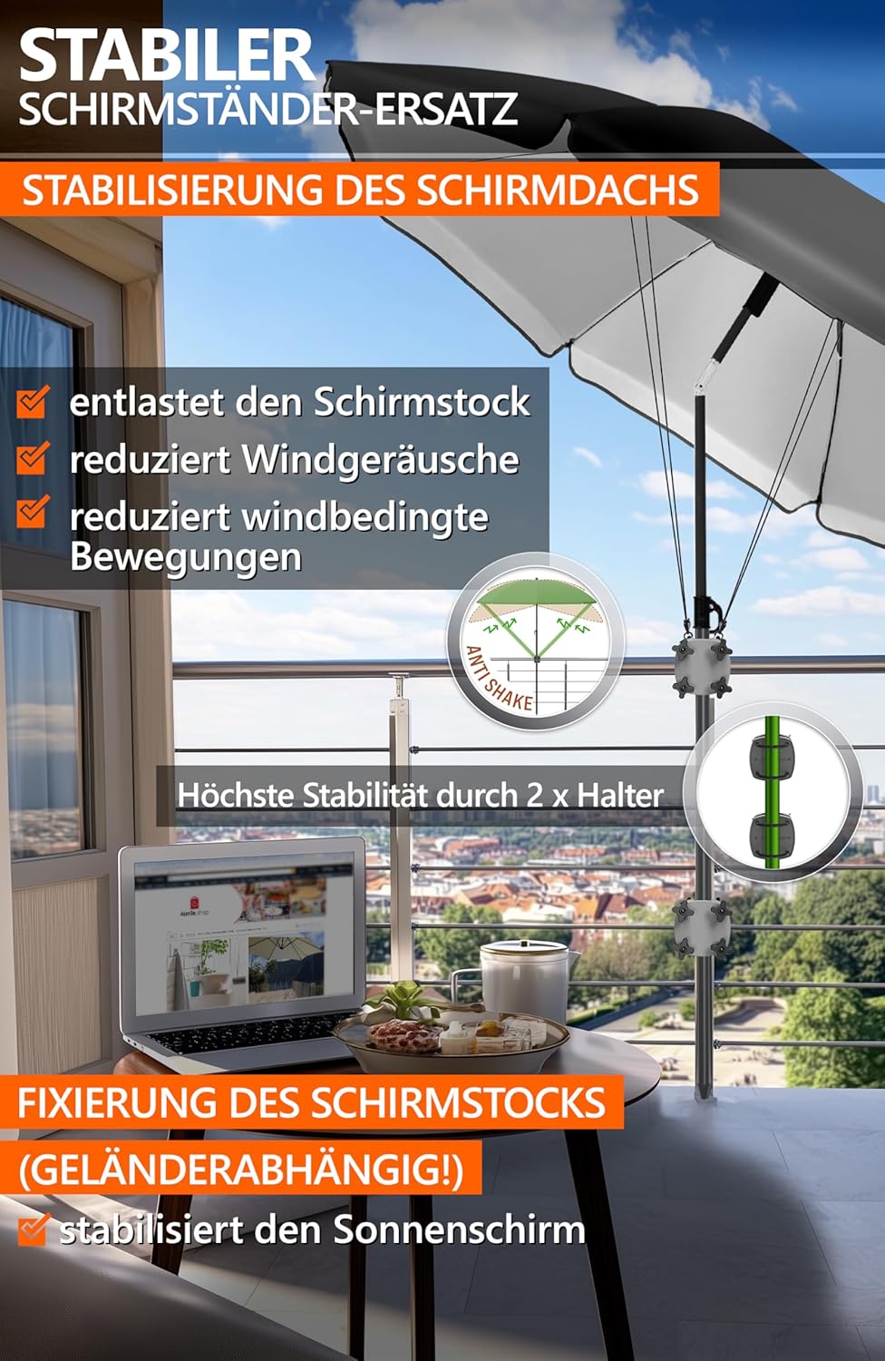 4smile 2 x Sonnenschirmhalter Balkongeländer SunnyGuy, Anthrazit + Windsicherung für Sonnenschirme -
