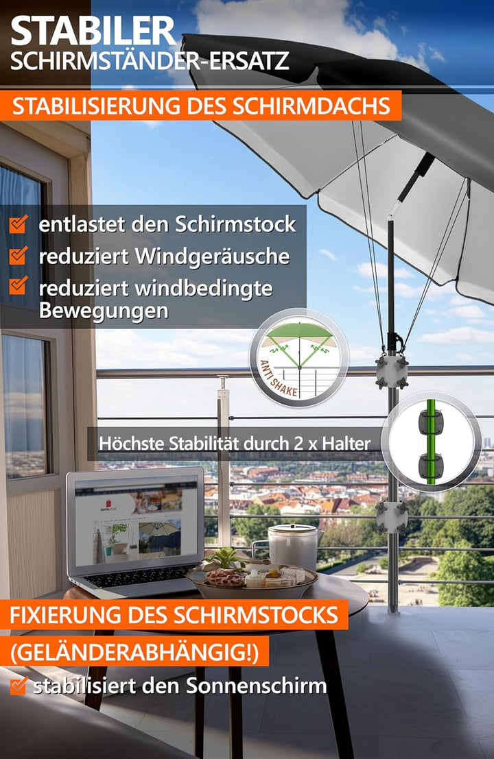 4smile 2 x Sonnenschirmhalter Balkongeländer SunnyGuy, Anthrazit + Windsicherung für Sonnenschirme -