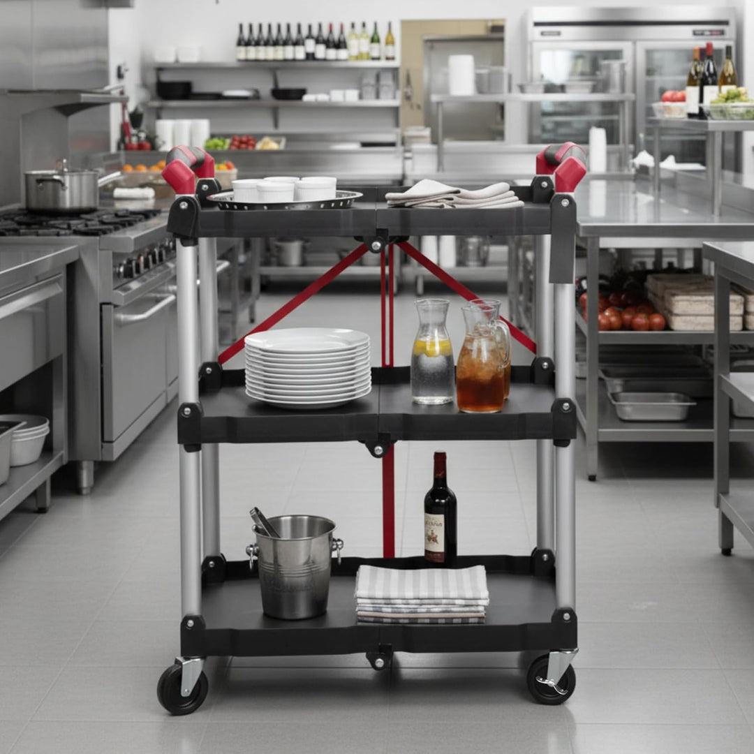 Mahlzeit Faltbarer Servierwagen mit Rollen | 64 x 40,5 x 82 cm, Bis zu 150 kg Belastbar | Rot/Schwar
