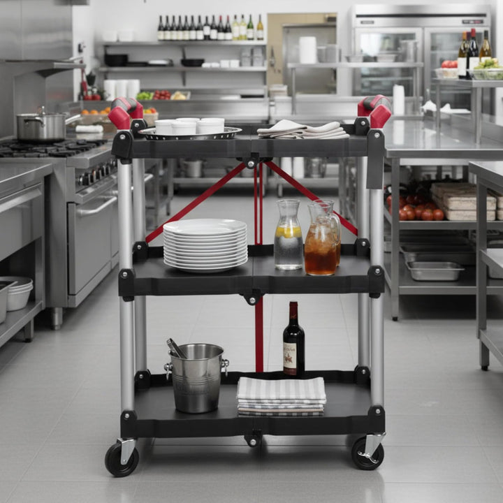 Mahlzeit Faltbarer Servierwagen mit Rollen | 64 x 40,5 x 82 cm, Bis zu 150 kg Belastbar | Rot/Schwar