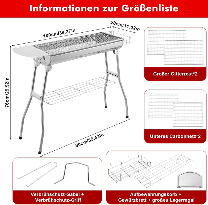 Klappgrill Holzkohlegrill Edelstahl mit Ablage &amp; Gewürzboard | lang 100cm | Faltbarer Portable Schas