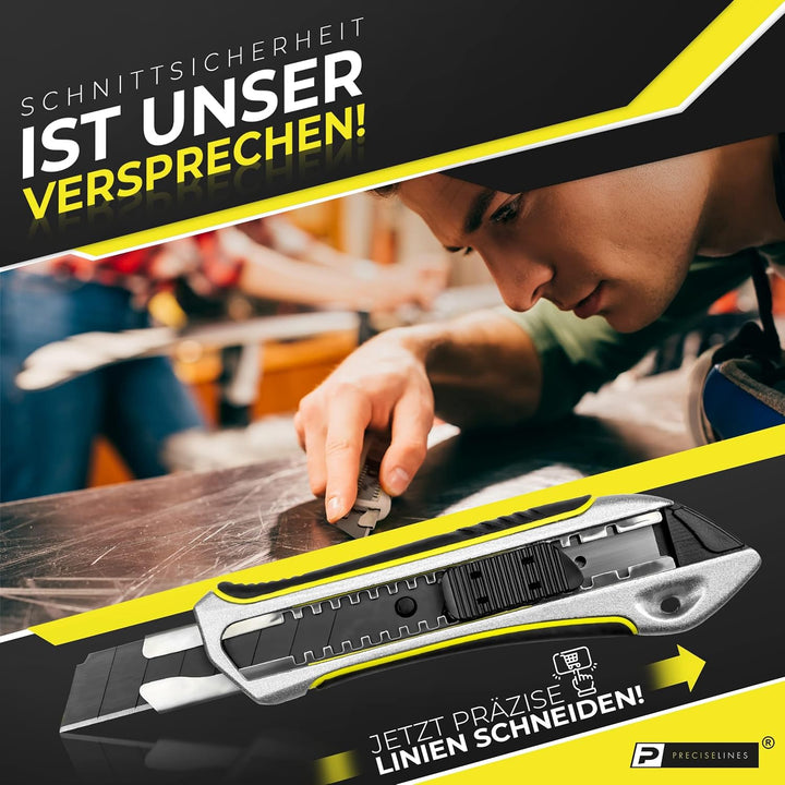 Precise Lines [3er Set] Profi Cuttermesser 18mm | Heavy-Duty-Gehäuse mit versenktem Schieberegler un