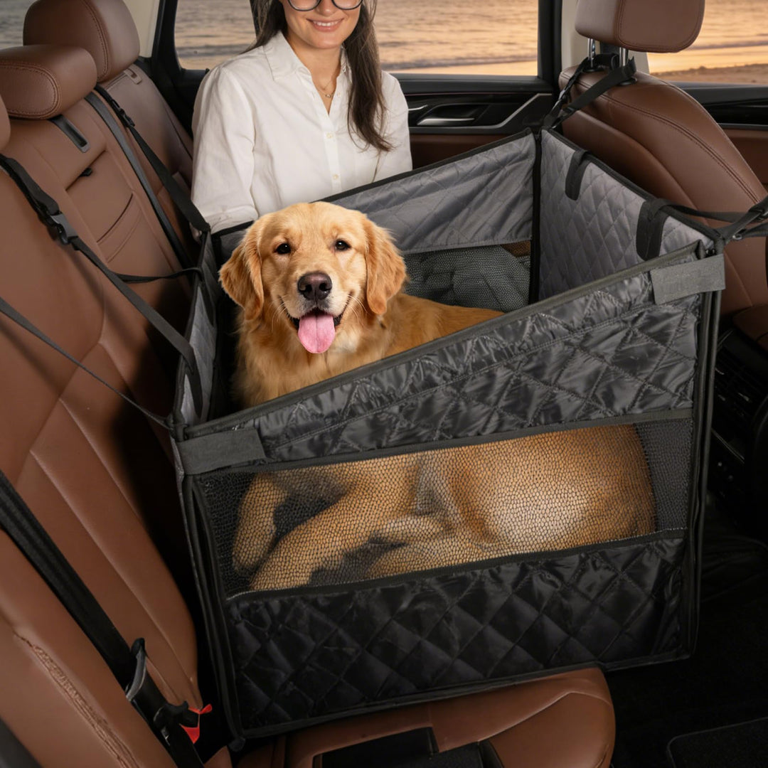 Hunde Autositz für Rückbank 55.6×57×73.6×41 cm – Wasserdichter & Rutschfester Hundesitz Auto mit 4 B