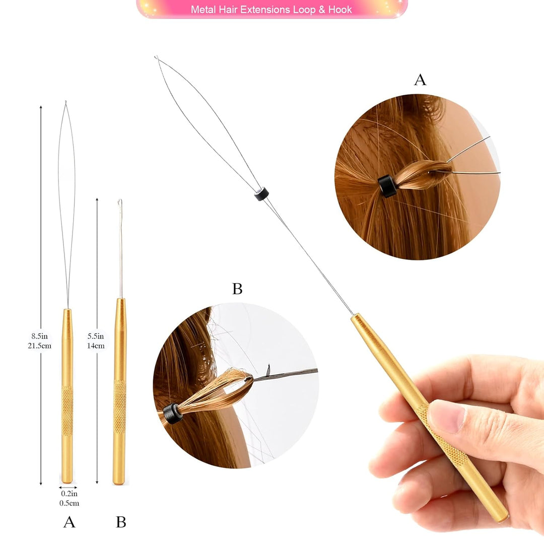 FOSHIO Haarverlaengerung Werkzeug Microring Extensions Set mit 200 Schwarz Microringe 2 Stück Micror