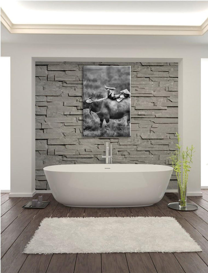 Pixxprint Wasserbüffel trägt Kind als Leinwandbild/Grösse: 100x70 cm/Wandbild/Kunstdruck/fertig besp