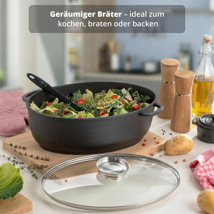 KHG Aluminium Bräter mit Glasdeckel & Aromaknopf 26x38 cm Oval 9 L - ILAG Xeradur®5 Antihaftbeschich