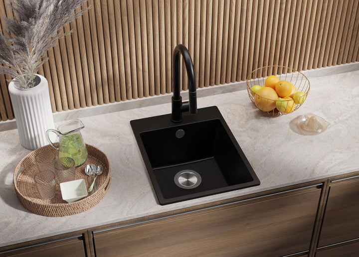 PRIMAGRAN Spülbecken Schwarz 38x50cm, Spülbecken 1 Becken + Küchenarmatur 40x20cm + Ablauf-Set, Küch