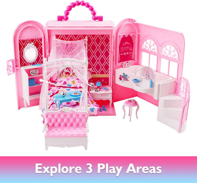 deAO Puppenhaus, Rosa Tragetasche Puppenhaus Klappbar Möbel Familie Spielzeug mit Schlafzimmer Bad,