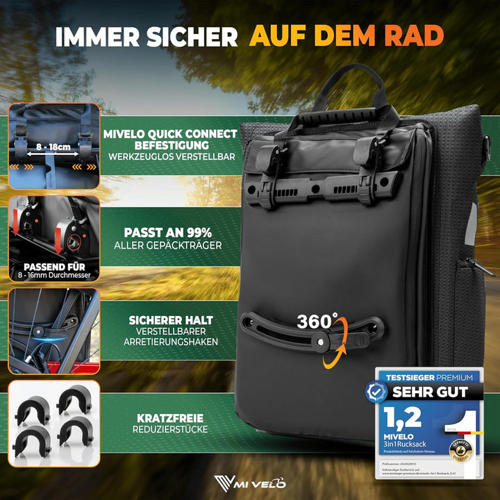 MIVELO 3in1 Fahrradtasche für Gepäckträger I Rucksack &amp; Gepäckträgertasche hinten - in 15 Sekunden u