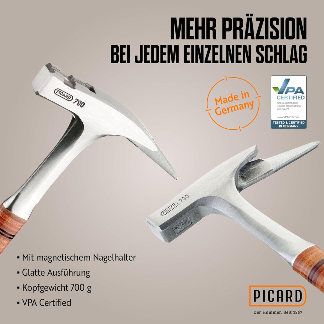 PICARD Ganzstahl-Latthammer Nr. 790 glatt | Magnetischer Nagelhalter | Ledergriff aus verwindungssic