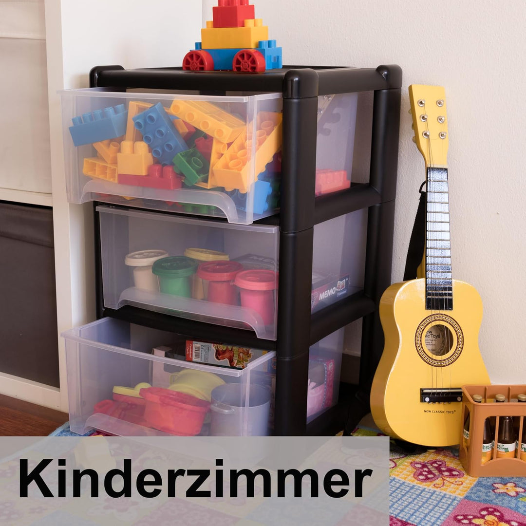 Schubladenbox 3 Schubladen 38x38x61cm schwarz-transparent Kunststoff Box Schwarz 3 Schubladen, Schwa