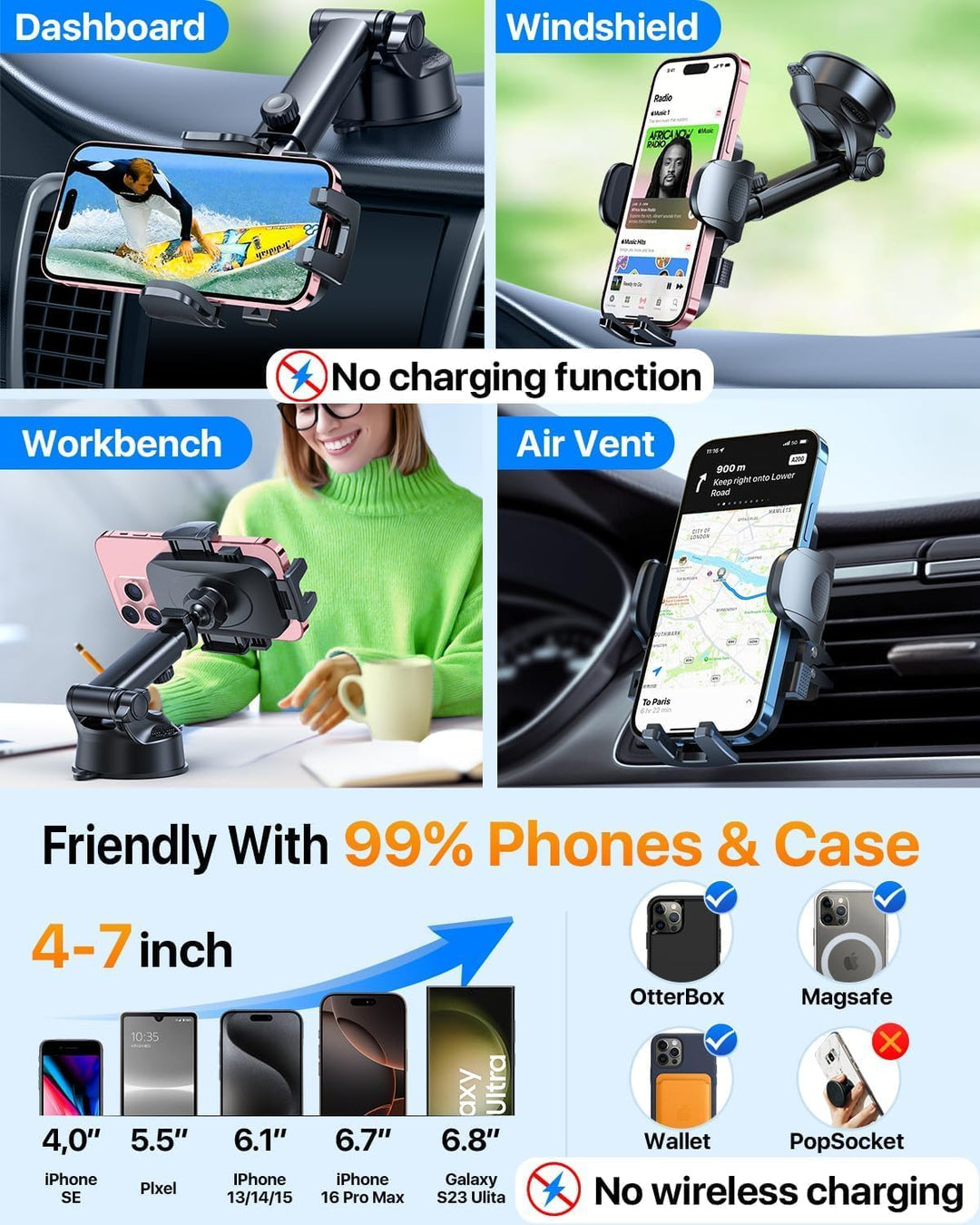 HTU 【Militär-Klasse】 4 in 1 Handyhalterung Auto【Tärkst Saugnapf &amp; Clip】 Federungskapazität 36KG 360°