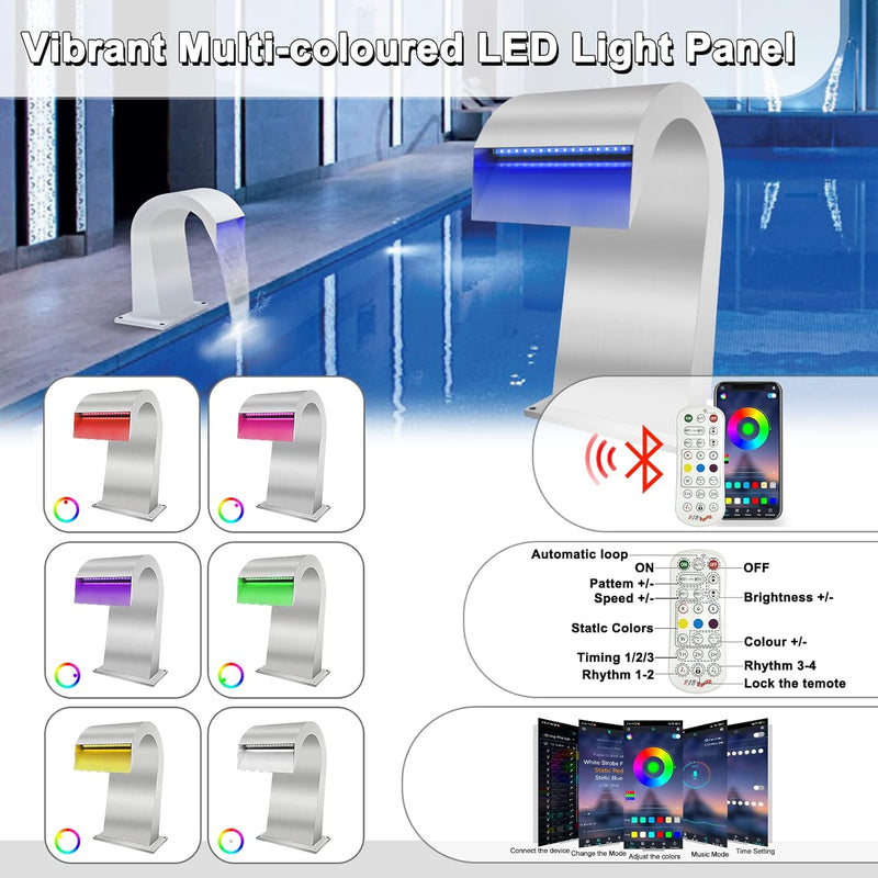 LONGRUN Wasserfall Spillway Edelstahl S-förmiger Poolbrunnen, RF & App Kontrolliert Farbenfroh LED-L