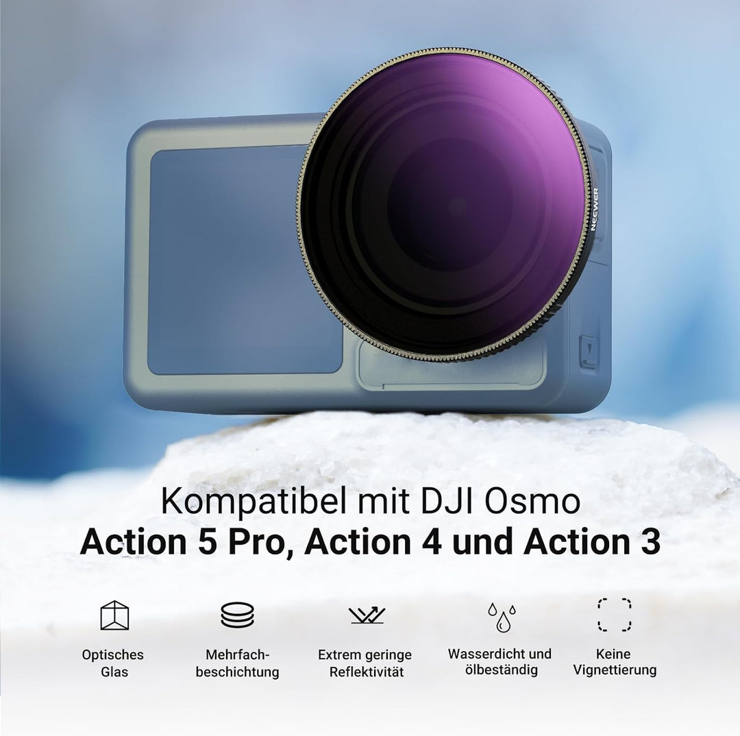 NEEWER Variabler ND Filter kompatibel mit DJI Osmo Action 5 Pro/4/3, ND64-256, 6-8 Stop, Snap On, me