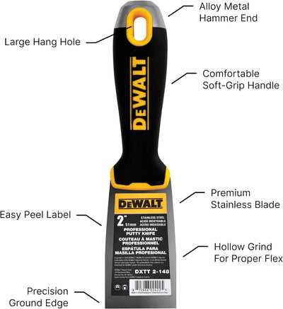 DEWALT Spachtelmesser, 5,1 cm, Edelstahl mit weichem Griff, DXTT-2-148 2-Inch, 2-Inch