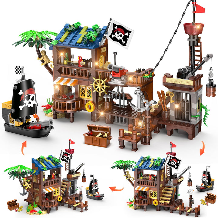HOGOKIDS Piratenhafen Bauset mit LED, 3 Darstellungsmodi Piratenschiff-Haus-Bauspielzeug, kreatives