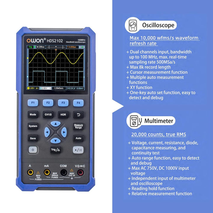 HDS2102 2-in-1-Handheld-Digitaloszilloskop 2 Kanäle mit 100 MHz Bandbreite Digitales True-RMS-Multim