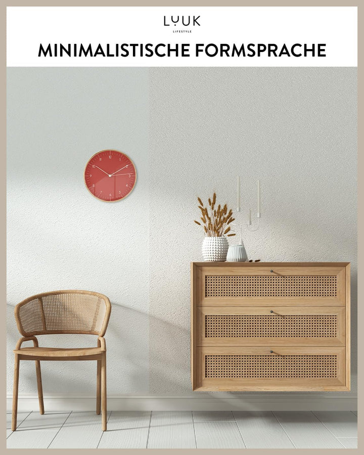 LUUK LIFESTYLE Moderne Quarz Wanduhr, Geräuschlos, 24,8cm, Rot &amp; Gold | mit Sekundenzeiger, schlicht