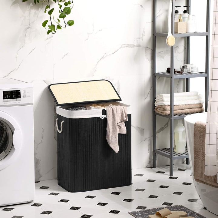 SONGMICS Wäschekorb 2 Fächer, 100 L Wäschesammler mit Deckel, Wäschebox Bambus, mit Griffen, faltbar