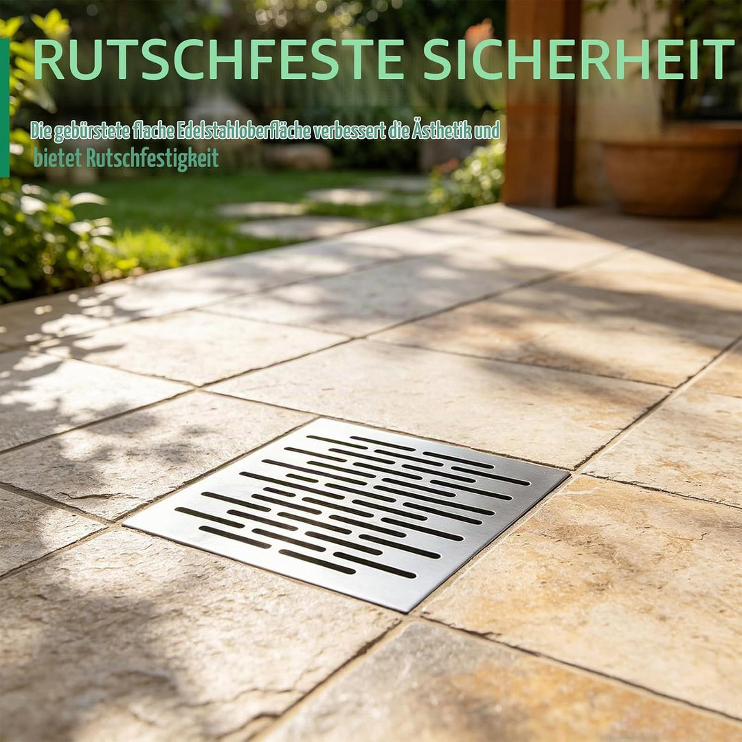 Bodenablauf mit Rahmen, Edelstahl Abflussgitter Quadratisch Bodenablauf Aussenbereich Abfluss Bodena
