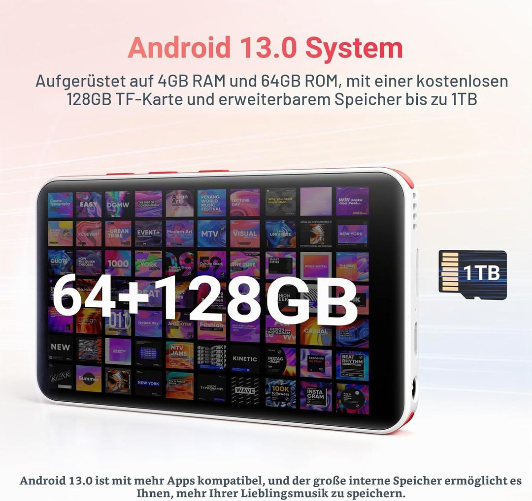 192GB MP3 Player mit Bluetooth und WiFi, tragbarer Spotify MP3-Player mit Android 13.0, RAM:4GB, Oil