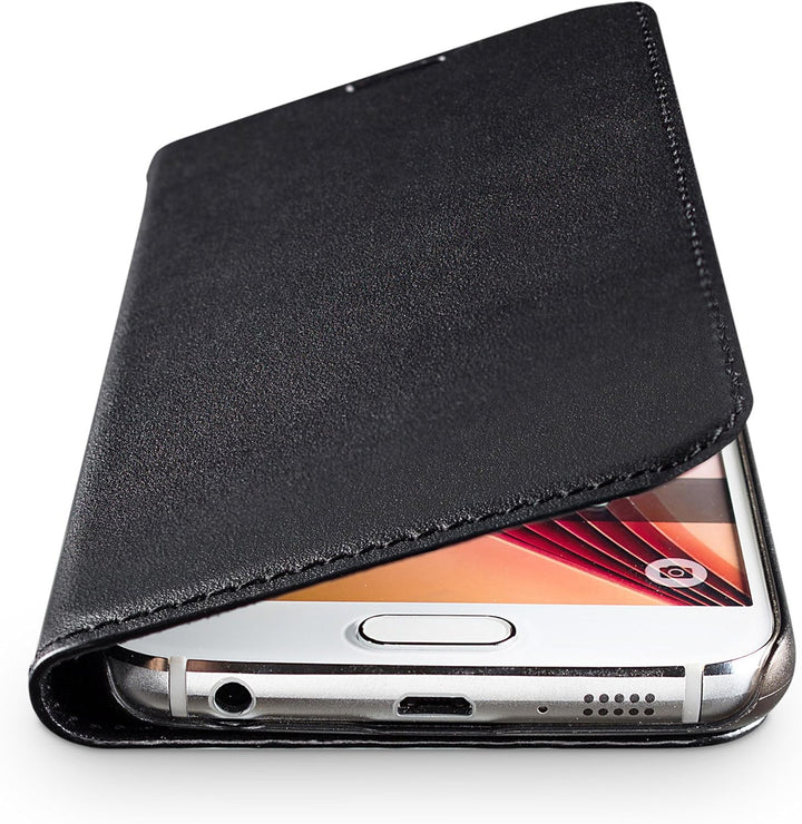 WIIUKA Echt Ledertasche -TRAVEL- für Samsung Galaxy S7 mit Kartenfach, extra Dünn, Tasche Schwarz, L