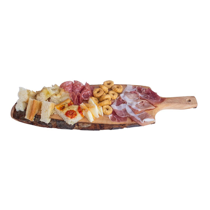 Schneidebrett mit Rinde mit Griff, Aperitiftablett aus echtem Holz, Masse 50 x 20 x 3 cm (2 Stück)