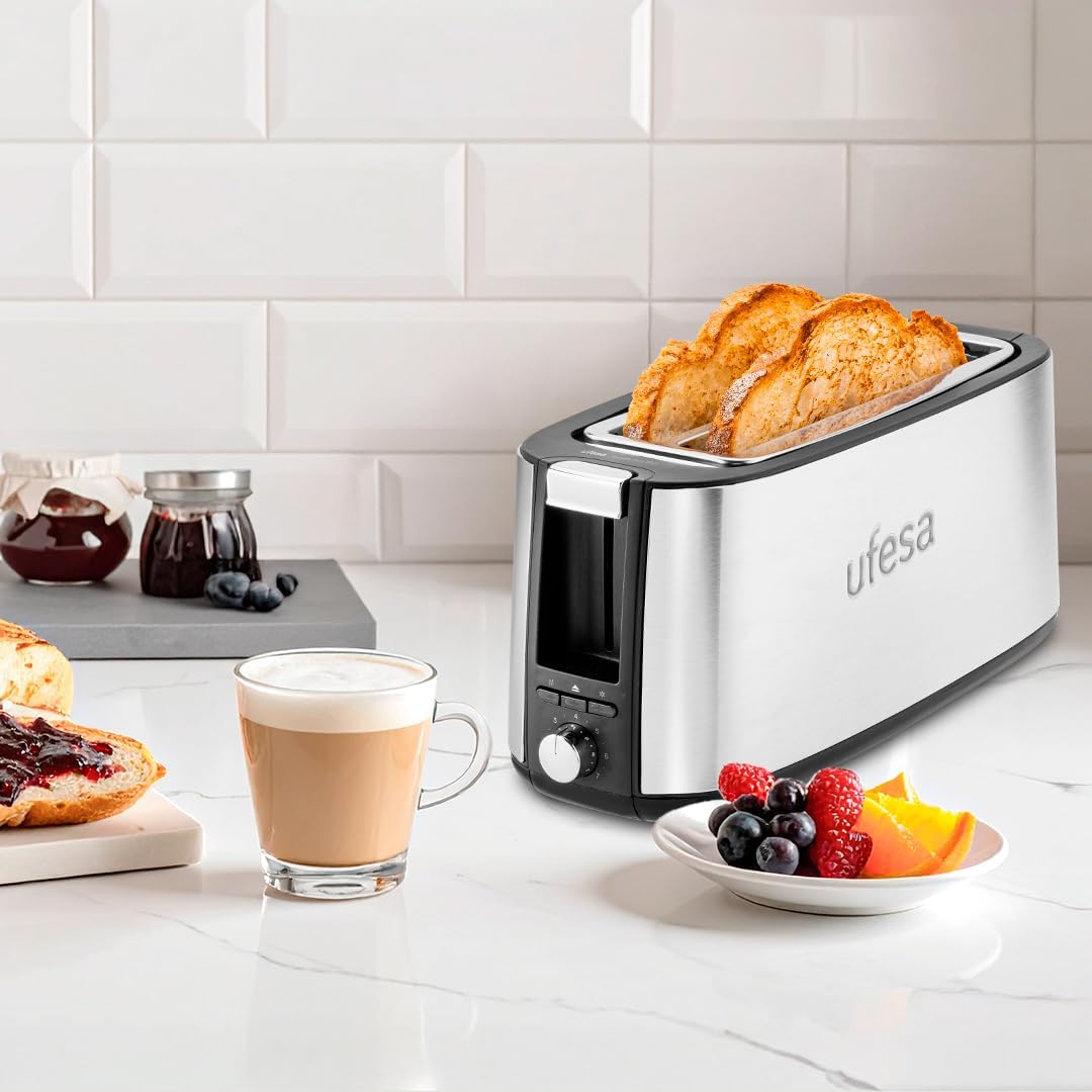 Ufesa Toaster Toastie Duo Plus 1400W aus Edelstahl, 2 Lange Schlitze, 7 Leistungsstufen, Funktionen