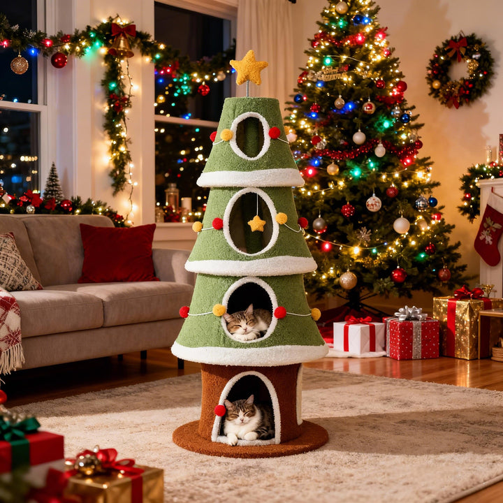 SOARS Kratzbaum Weihnachten, 154 cm Katzenbaum mit 4 Höhlen, Kratzbrett, Hängebällen, Katzenkratzbau